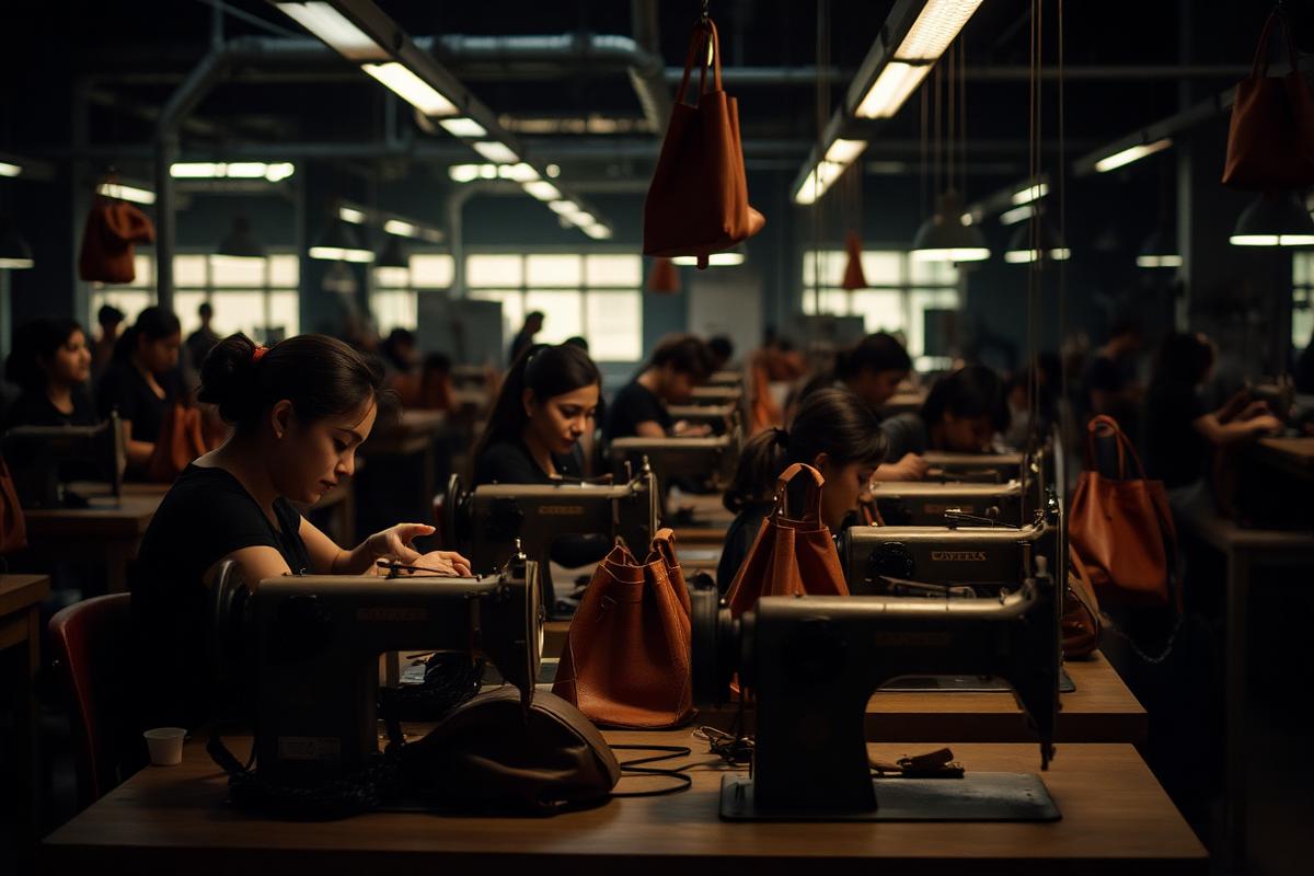 Artisans stitching bags in the workshop
