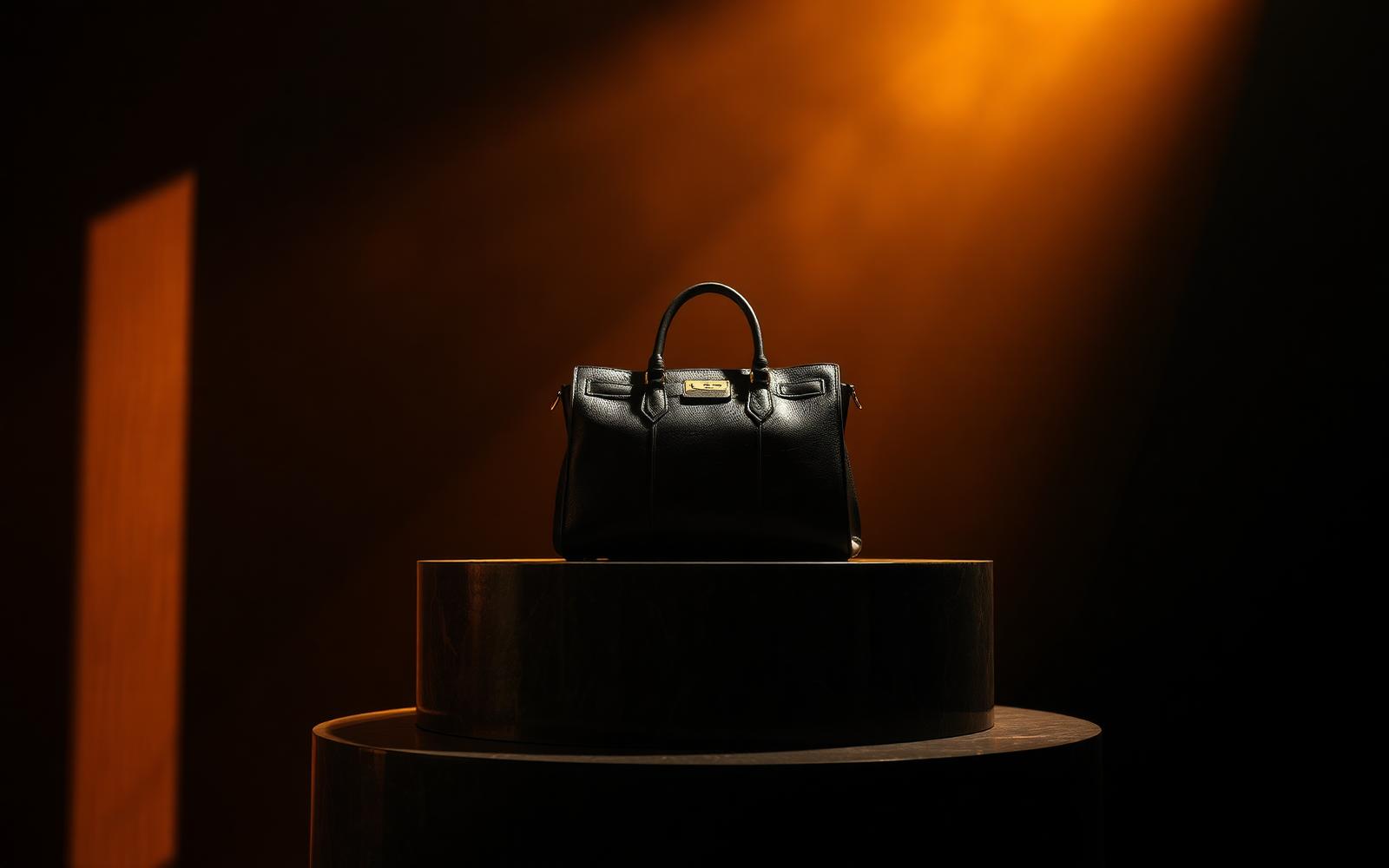 Featured black leather handbag under gold spotlight